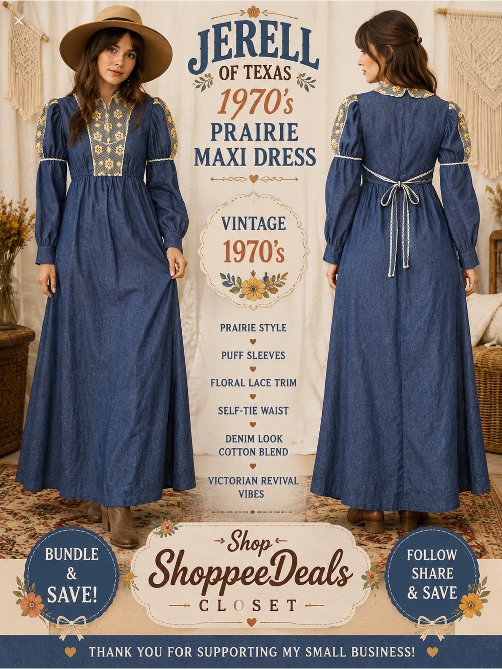Vintage 1970s Jerell of Texas Prairie Denim Maxi Dress Cottagecore Victorian